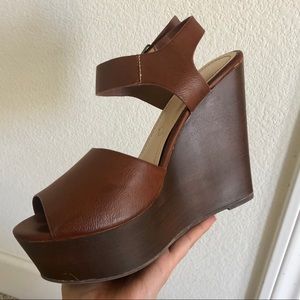 NEVER WORN wooden brown “leather” wedges